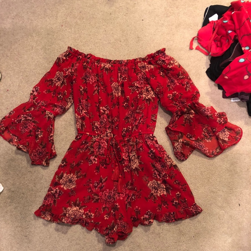 AE Red Floral Off-The-Shoulder Romper